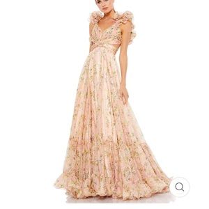 Mac Duggal RUFFLE TIERED FLORAL CUT-OUT CHIFFON GOWN